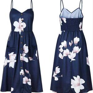 Angashion Strappy Button-Down  Floral Summer Dress Midi Multi Navy Women's Small